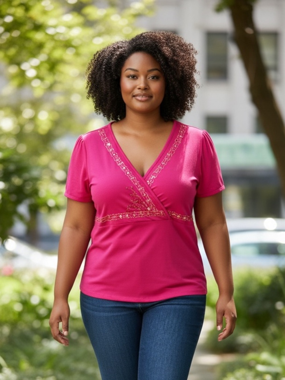 Liz Claiborne Hot Pink Embroidered V-Neck Short Sleeve Top